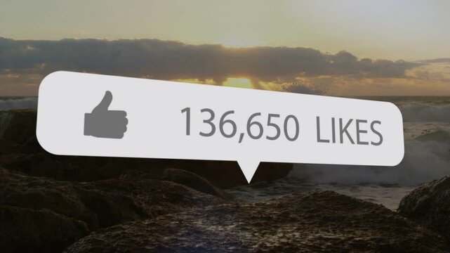 likes bubble appearing on shore, scaling up as count jumping then scaling down, showing viral reach