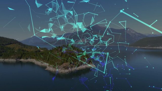 Translucent turquoise mesh appearing over island, connecting triangles, pulsing, revealing coast