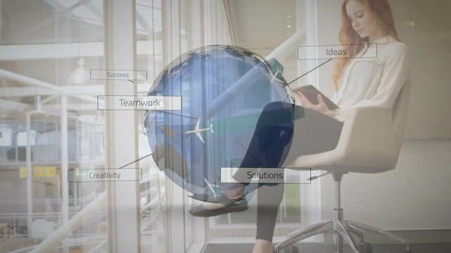 Business woman using tablet, tablet activating globe animating labels, morphing check for success
