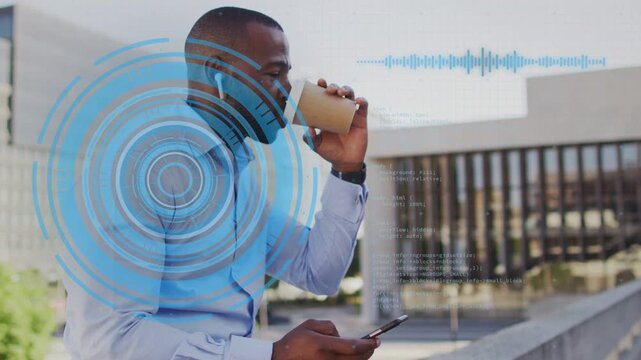 Exec tapping phone sipping coffee on plaza making blue waveform and code overlay hearing audio