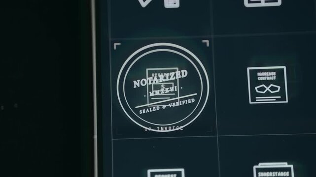 Document animated icon labeled Request with stamp Notarized overlay