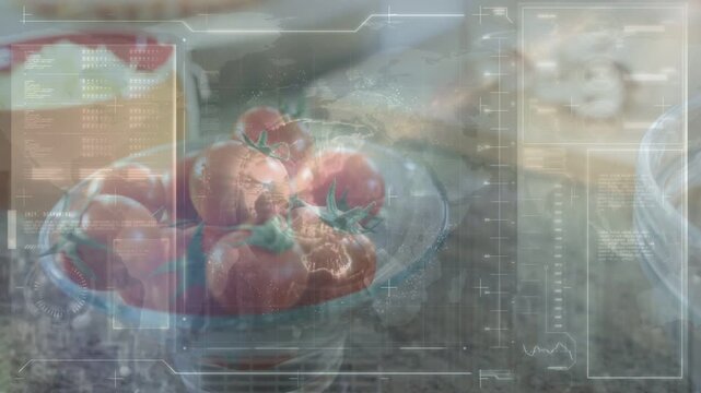 HUD overlay activating and camera zooming, bowl of tomatoes centering while panels scanning produce