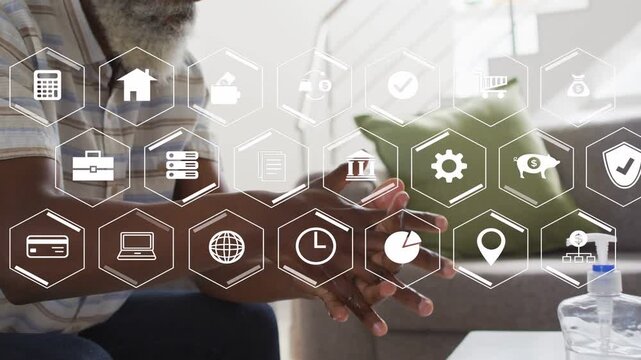 Man reaching bottle and dispensing sanitizer on palms, hexagonal UI highlighting hands for health