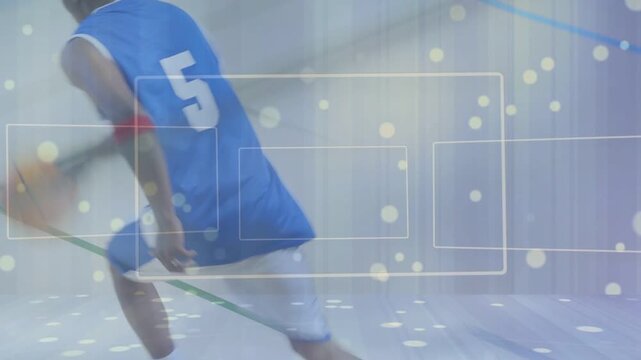 Green player dribbling and driving left, blue defender chasing, overlays softening basketball court