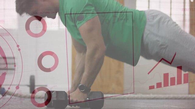 Man starting in high plank performing push-up reps while red globe and charts showing fitness data