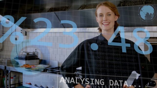 Female chef posing in kitchen, smiling as camera panning, charts overlaying chef and analysing menu