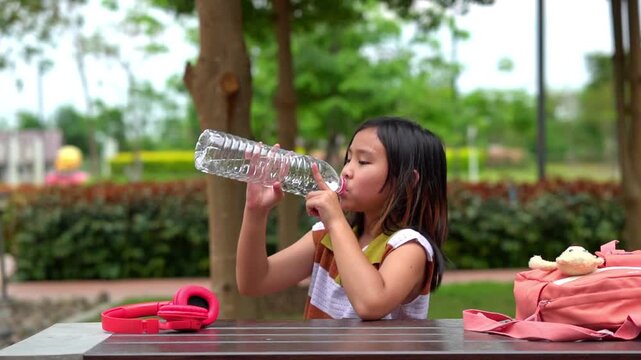 Asian student girl drinking water from a plastic bottle while sitting in the school garden, Back to school and healthy lifestyle concept.