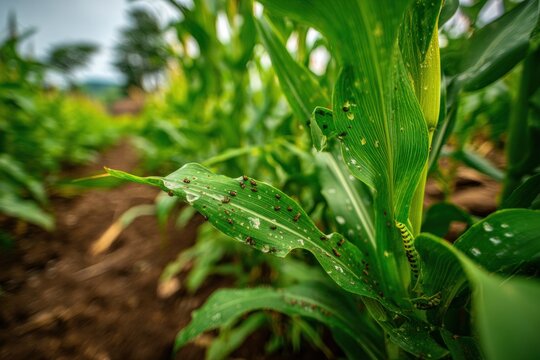 Cornfield pests on green leaves in natural daylight