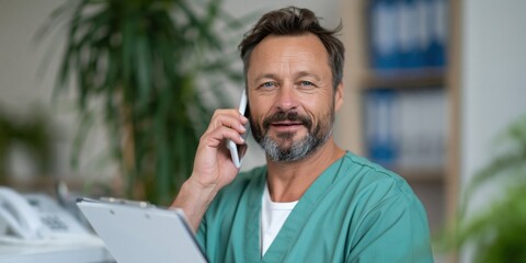 Naklejka premium Male medical professional speaking on phone in clinic