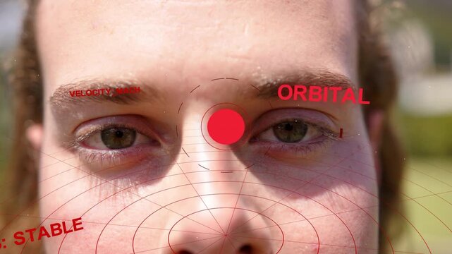 Man opening eyes while red HUD target appearing on forehead, tech overlay tracking gaze for mapping