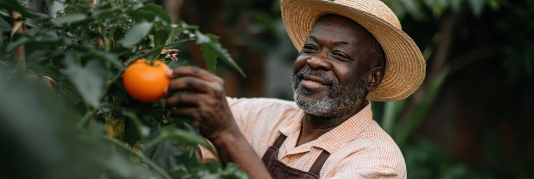 Elderly man picking ripe tomatoes in garden orchard