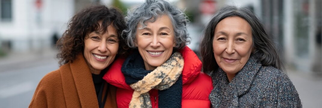 Three older women smiling together on urban street during daytime
