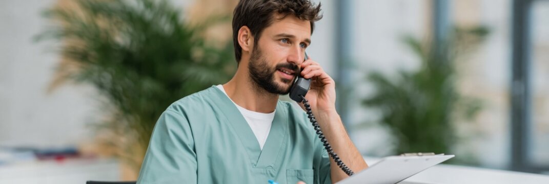 Male nurse speaking on phone at reception desk in clinic office