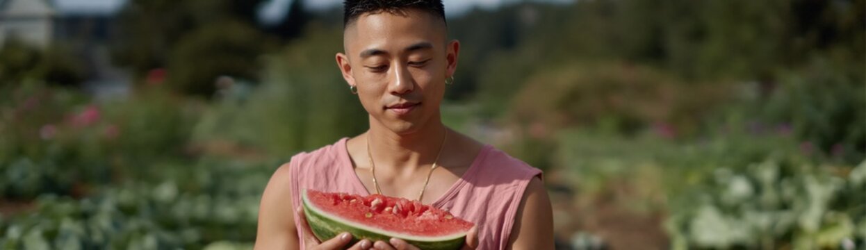 Young man holding watermelon half in outdoor garden field