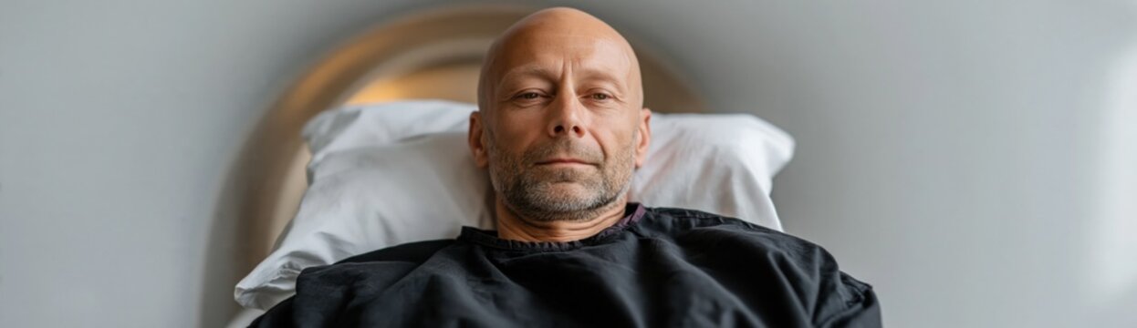 Bald man lying awake inside medical scanner examination room
