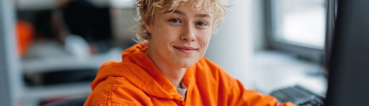 Blond teenage boy smiling while using computer in classroom