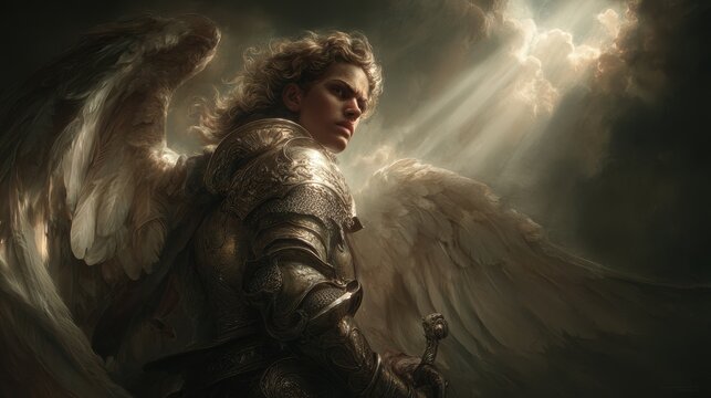 Fantasy wallpaper. A detailed digital artwork depicts an angelic figure in a contemplative pose. The figure wears ornate, metallic armor with intricate patterns and designs. The angel has large.