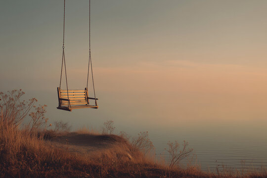 Wooden swing on coastal cliff overlooking calm sea minimal landscape with copy space peaceful solitude concept
