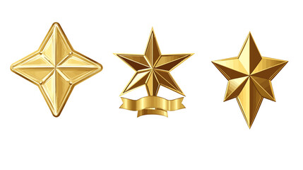 Obraz premium Three golden star-shaped graphics with different designs, on a white background