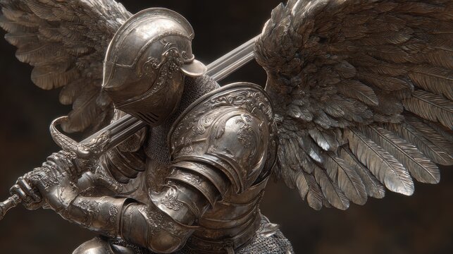 Fantasy wallpaper. A detailed, closeup of a medieval knight in full armor, wielding a sword. The armor is intricately designed with detailed patterns and textures, predominantly silver.
