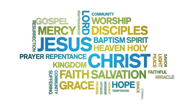 Jesus Christ animated word cloud-text design animation tag kinetic typography seamless loop.