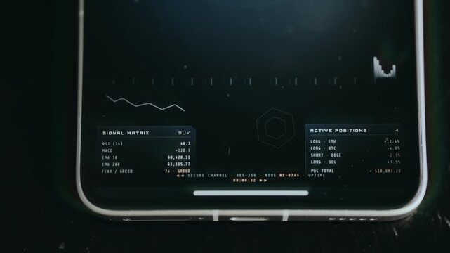 Dashboard for cryptocurrency trading, technical indicators and active trading positions