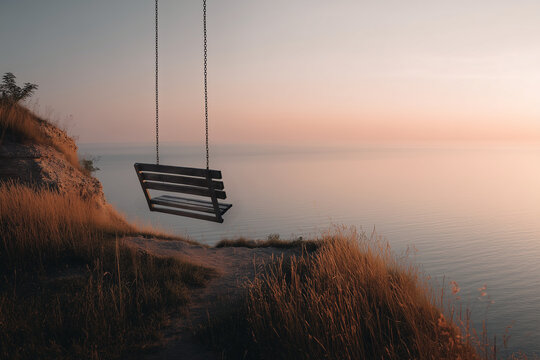 Wooden swing on coastal cliff overlooking calm sea minimal landscape with copy space peaceful solitude concept