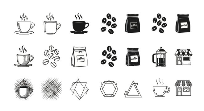 Coffee shop icons coffee cups beans bags french press and cafe building hand drawn style.