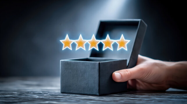 E commerce gift box with five star review and hand on dark table
