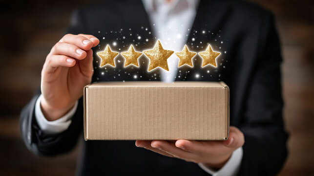 E commerce cardboard box with five gold star rating and hand