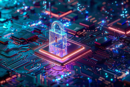 Futuristic Cyber Security Padlock Icon on Microchip, glowing glass lock with neon data streams over circuit board, data protection encryption technology 3D render background