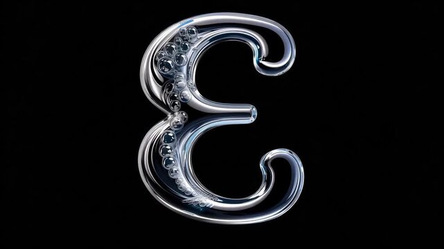 Transparent liquid water Greek letter Epsilon symbol with floating bubbles, isolated on a black background. Clean, refreshing, and modern elemental typography concept for science or beverage design.