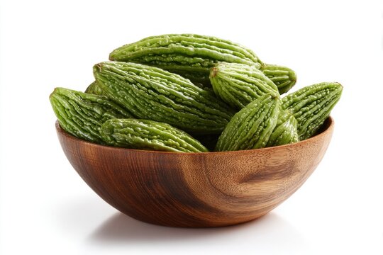 Bitter melon in wooden bowl on white background