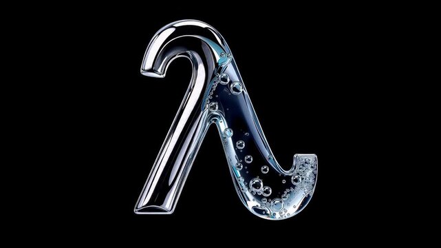 A 3D rendered glass lowercase Greek letter lambda symbol filled with clear water and small bubbles isolated on a pure black background.