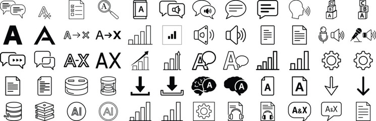 Minimalist AI language processing icons, set of 60 black line vector symbols, artificial intelligence translation and voice recognition graphics © jannatulferdous