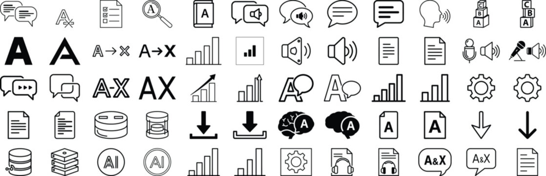 Minimalist AI language processing icons, set of 60 black line vector symbols, artificial intelligence translation and voice recognition graphics