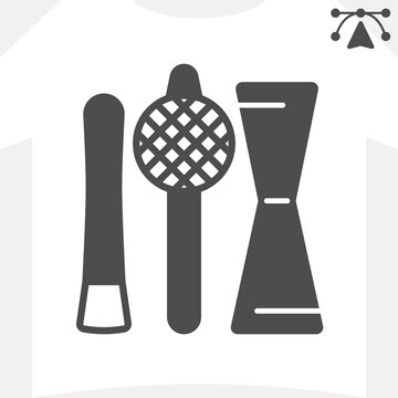 Jigger, muddler and strainer solid icon, mixology tools concept. Vector graphics. Shaker, tourniquet and colander sign and editable stroke, glyph style icon for mobile or web design.