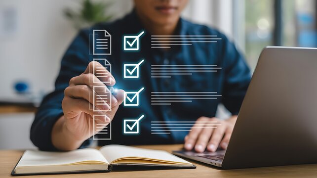 Man utilizing checklist and laptop for task management and completing assignments in a digital environment