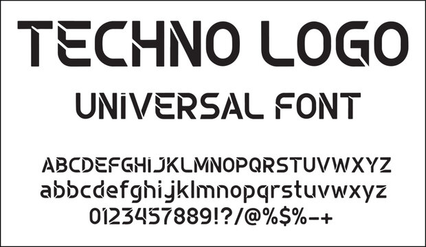 Techno logo universal font alphabet characters isolated on transparent background, Vector