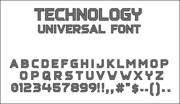 Technology universal font alphabet and numbers isolated on transparent background, Vector