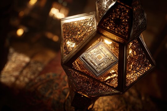 Microchip inside ornate lantern with warm bokeh lighting