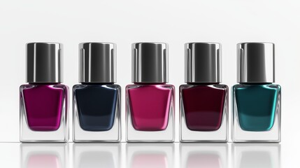 Obraz premium Colorful nail polish bottles lined up on light background for fashion beauty photography, online store listings, and editorial content
