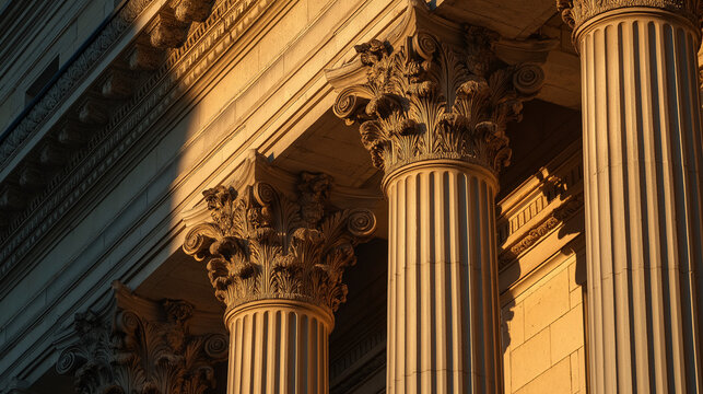 neo. Grand neoclassical columns with sculpted quadriga, bathed in warm golden hour light. real-estate listings.