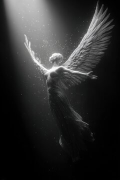 Fantasy wallpaper. A monochromatic, ethereal depiction of an angel. The angel is depicted in a dynamic pose, with one arm extended outward and the other bent at the elbow.
