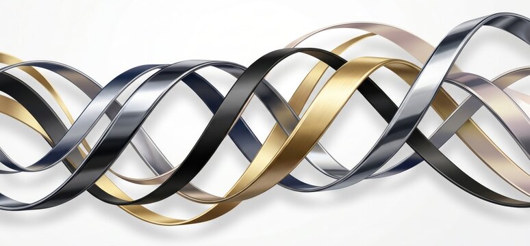 Metallic swirling ribbons on white background, abstract gold and silver wave design, elegant chrome metal curves for luxury branding