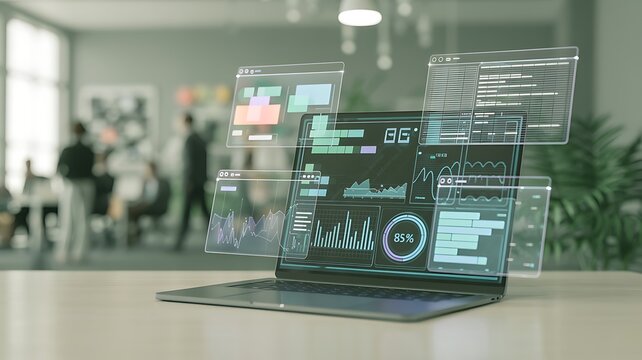 Modern laptop displaying data analysis and statistical information in a futuristic office environment setting