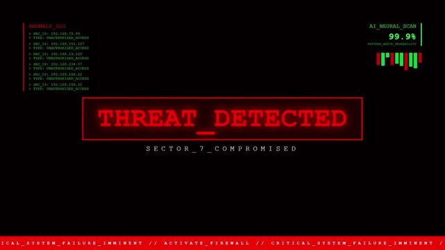 Futuristic Threat Detected HUD with Red Digital Anomaly Log and Artificial Intelligence Neural Scan Cybersecurity System Failure Monitoring Interface.