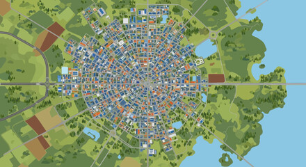 Fototapeta premium Aerial View of a Circular Cityscape with Surrounding Greenery and Water