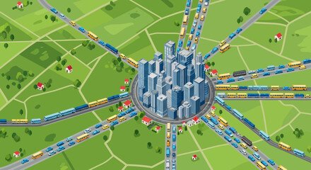 City Traffic Congestion: Busy Urban Roads with Cars, Buses, and Trains © Neilaaulia