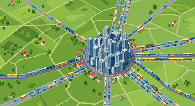 City Traffic Congestion: Busy Urban Roads with Cars, Buses, and Trains